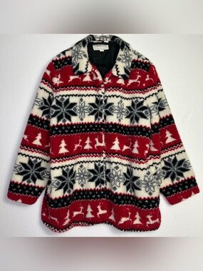 Coldwater Creek Nordic Fair Isle Snowflake Fleece Winter Coat  size XL great con